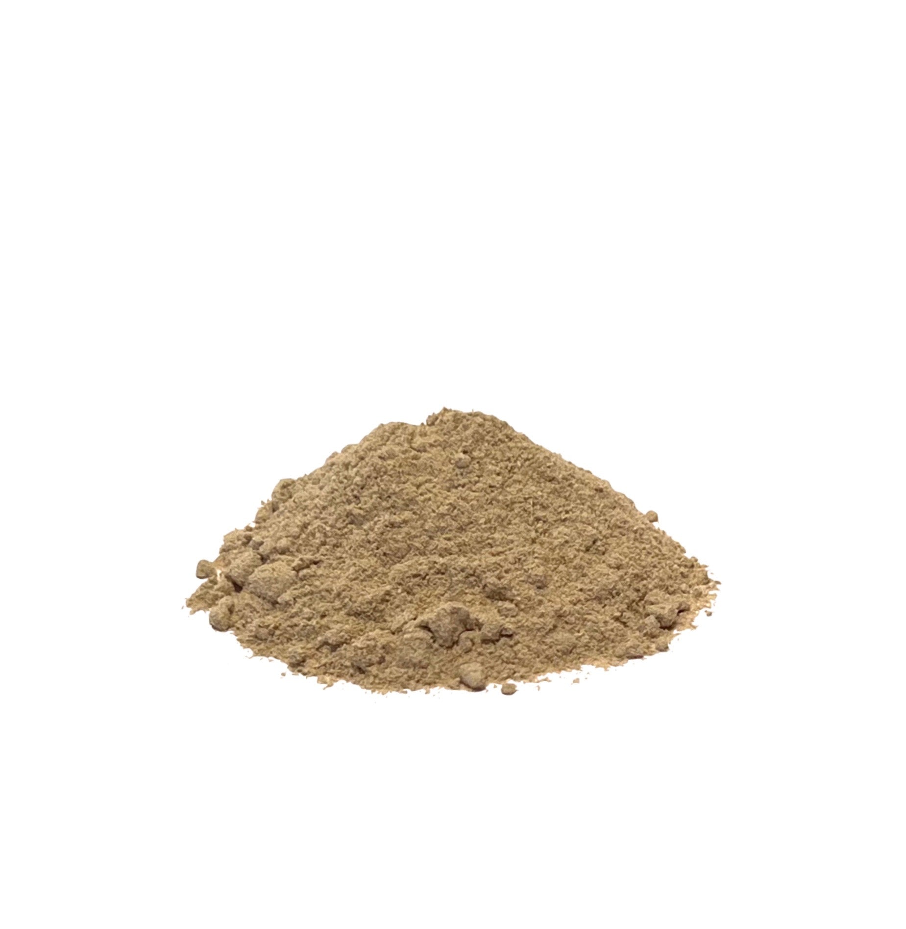 Tan powdered herb piled on a white background