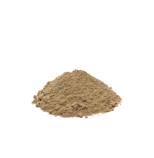Tan powdered herb piled on a white background
