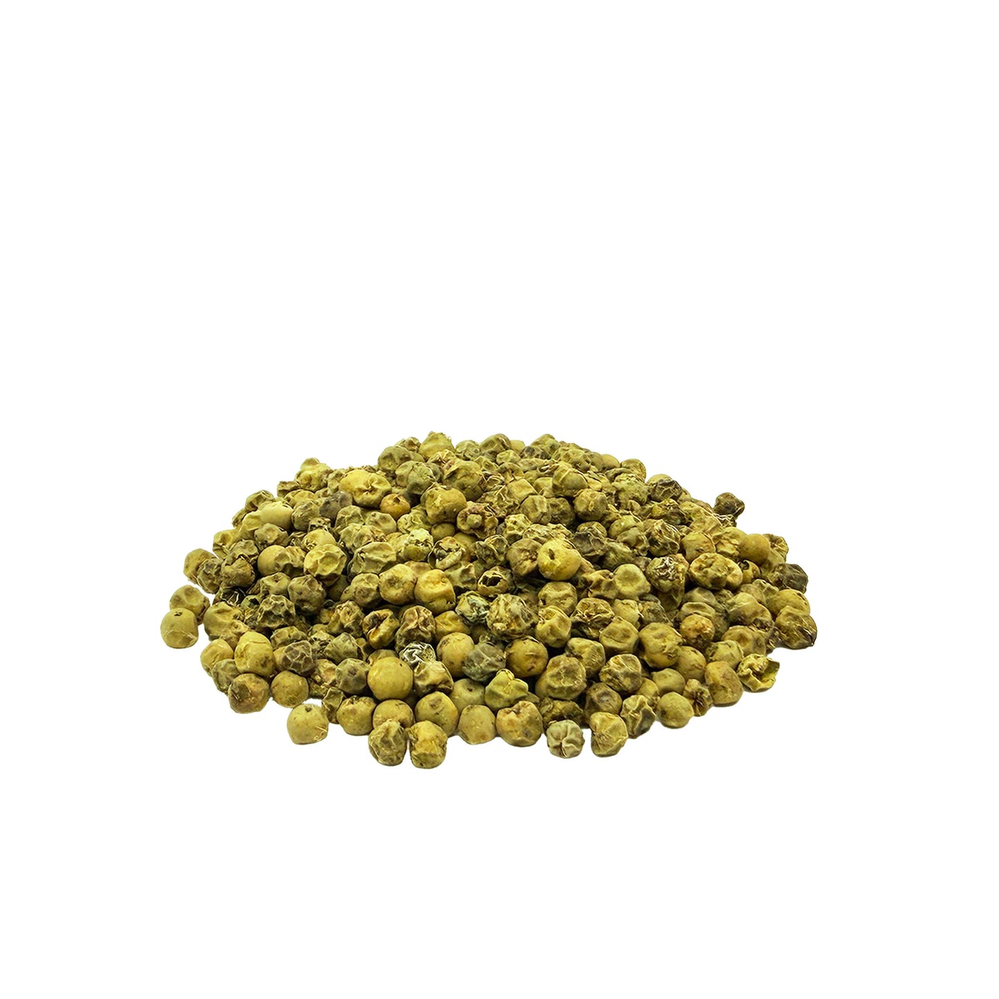 A small pile of dried greenish-yellow round peppercorns on a plain white background.