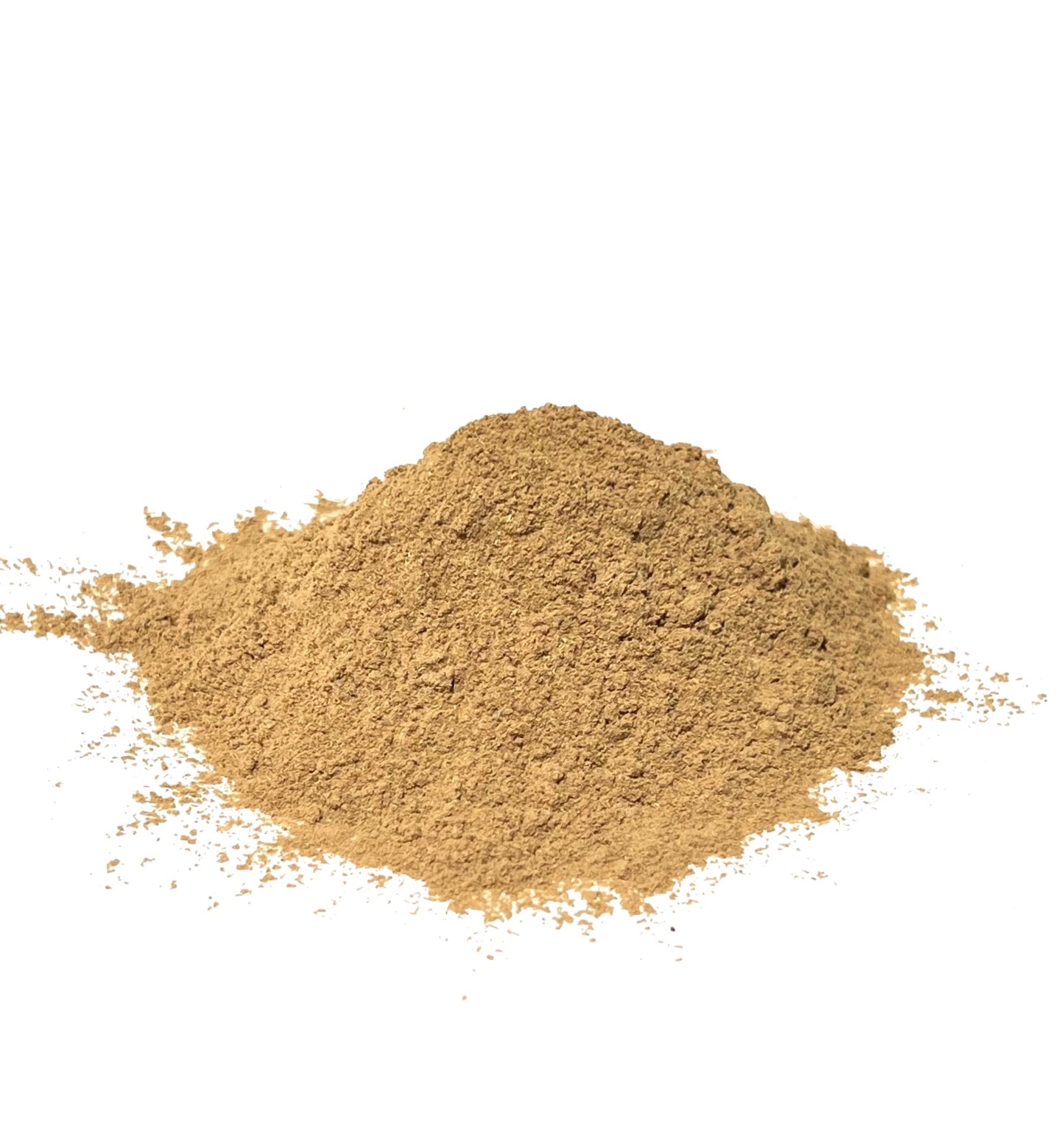 Light brown licorice root powder piled on a white background
