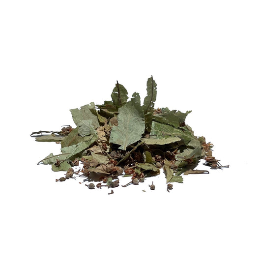Whole dried linden leaves with dried flowers and buds