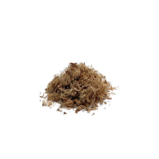 Light brown marshmallow root fibers piled on a white background