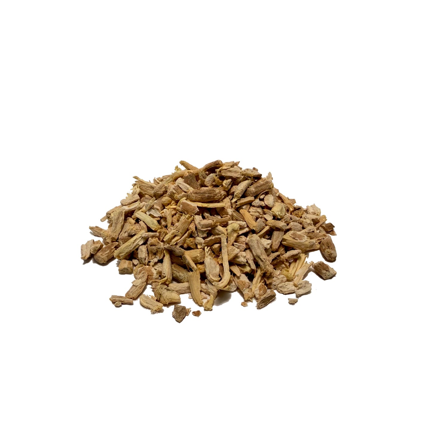 Small, broken up pieces of dried ashwagandha root in wood tones