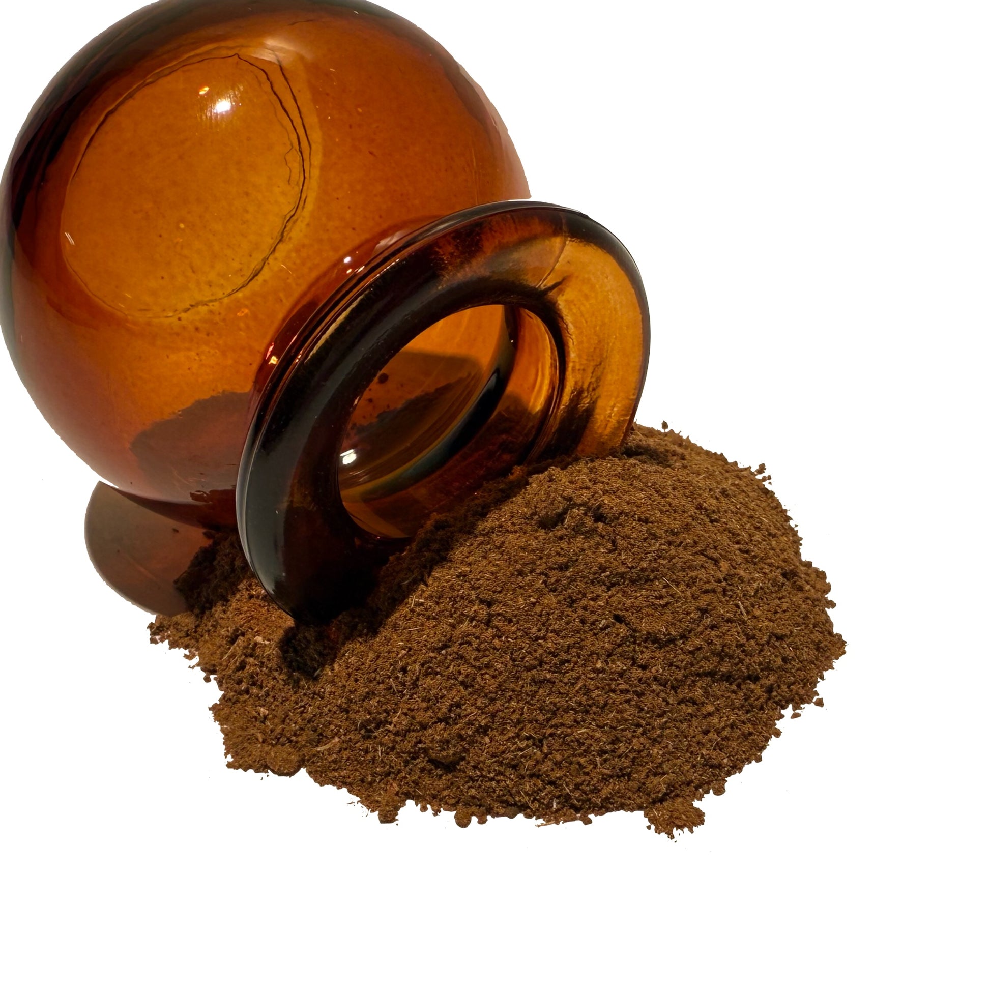 Small brown glass jar with pile of black haw bark powder
