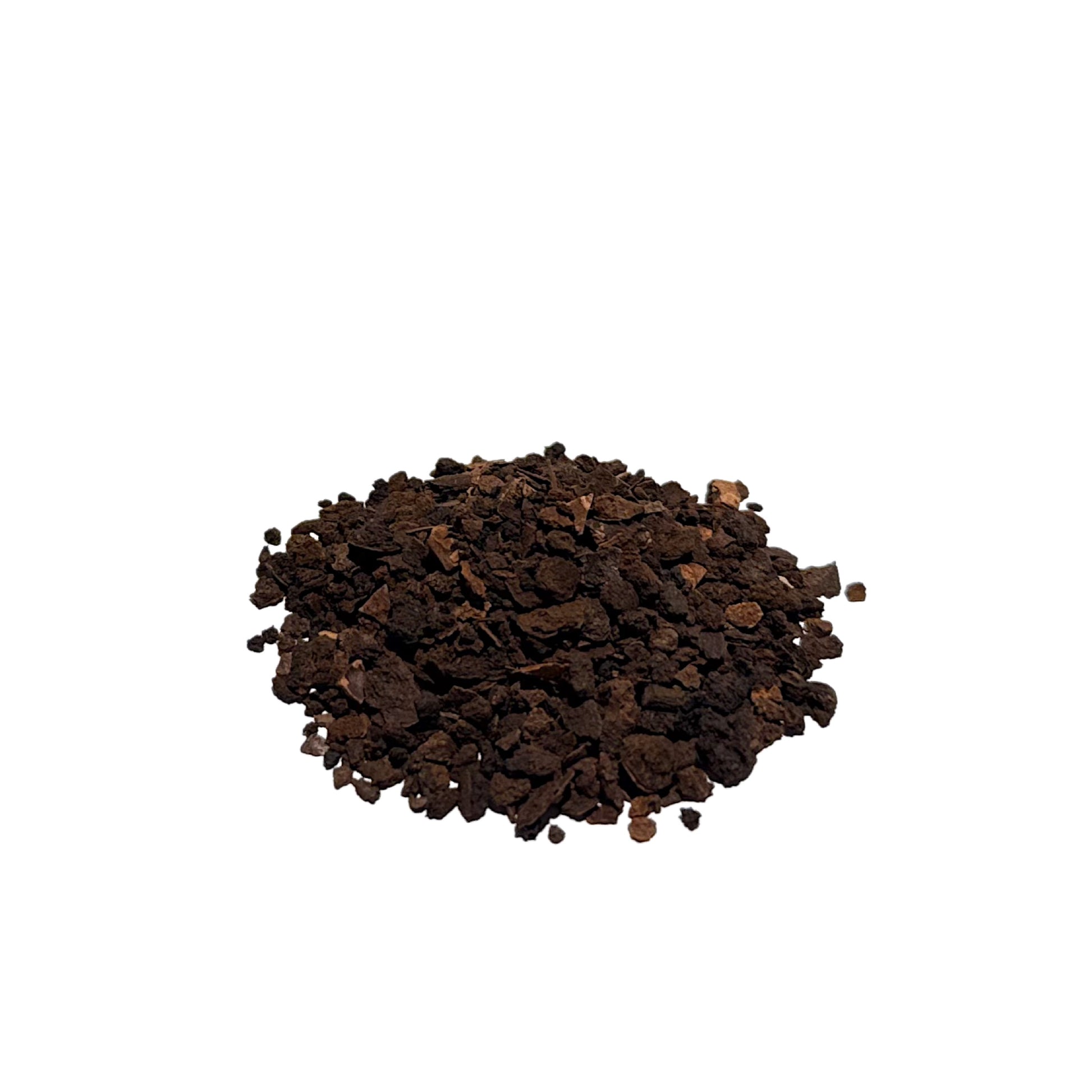 Dark brown black walnut hulls piled on a white background