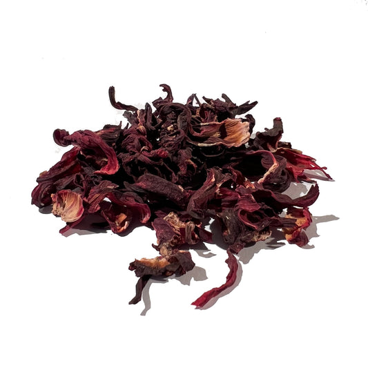 Curled, dried hibiscus flowers in dark burgundy tones