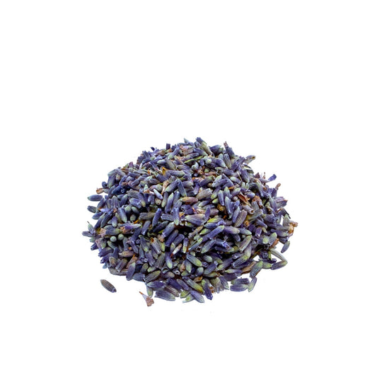Small pile of vibrant purple, whole dried lavender flowers