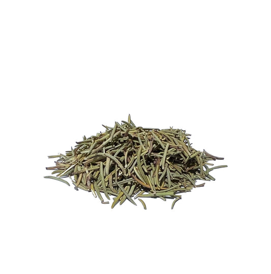 Green, needlelike rosemary leaves on a white background