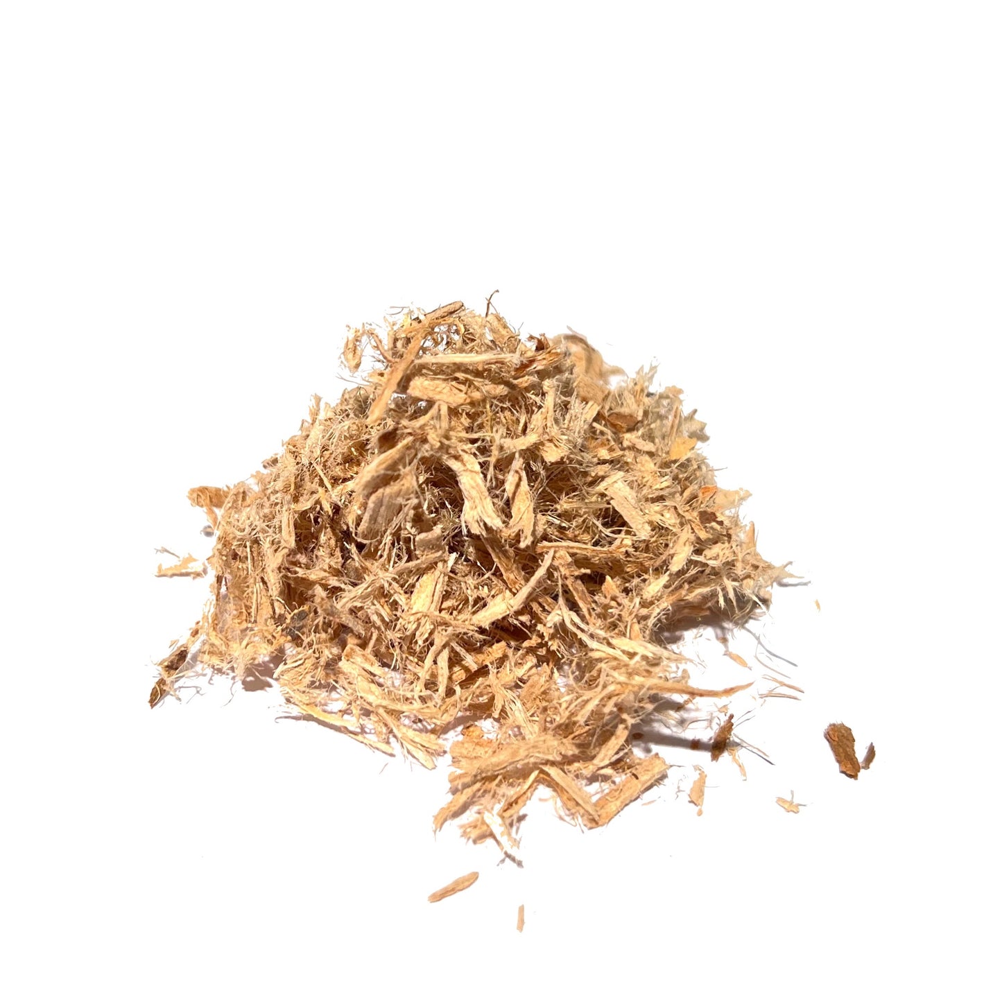 Tan slippery elm bark fibers piled on a white background