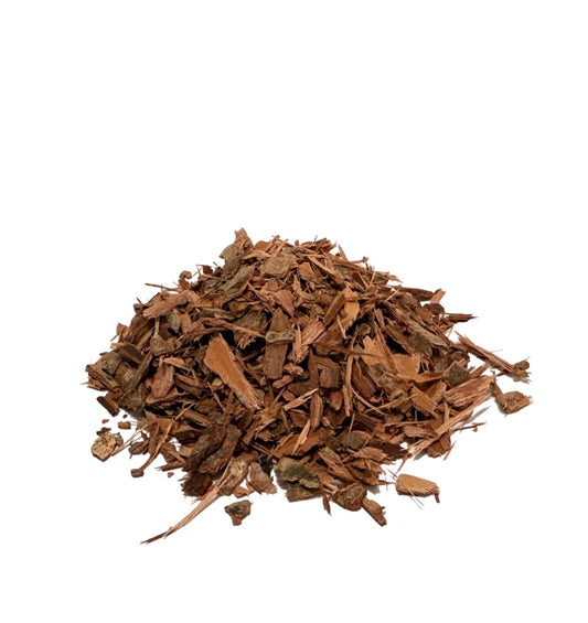 Chips and strips of dried witch hazel bark in a pile