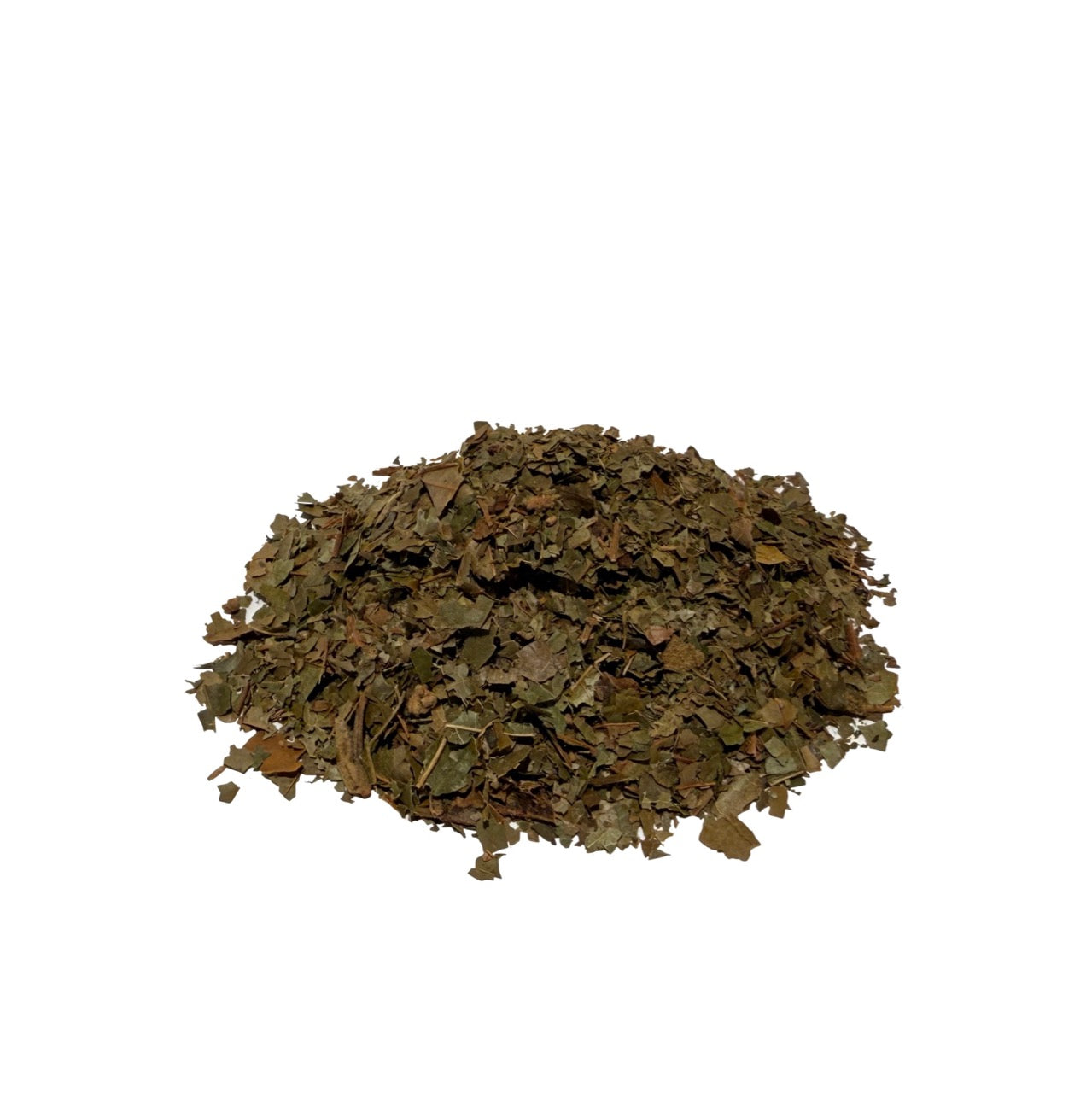 Green and brown dried witch hazel leaf flakes, piled on a white background.
