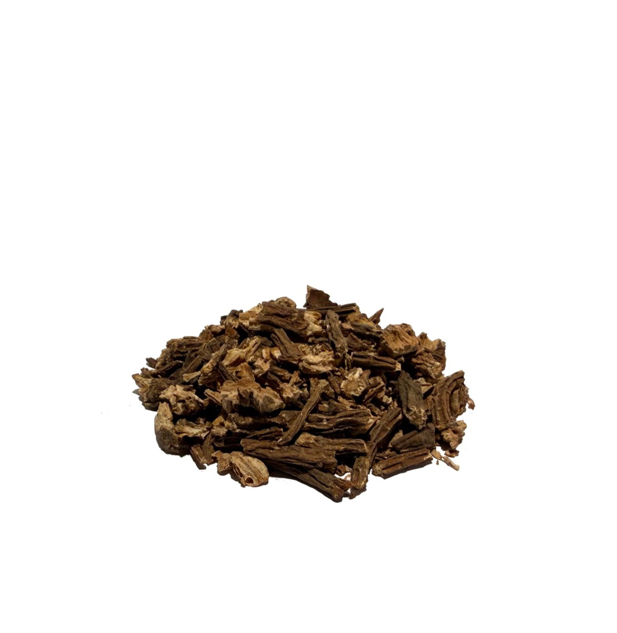 Dried cuts of angelica root piled on a white background