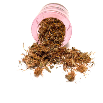 Small, round pink jar on its side, spilling dried flower parts