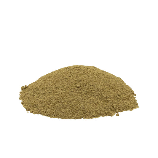 A small mound of fine brownish pepper powder centered on a plain white background.