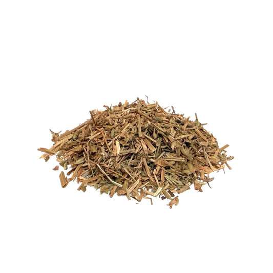 Heap of dried chickweed herb on a white background