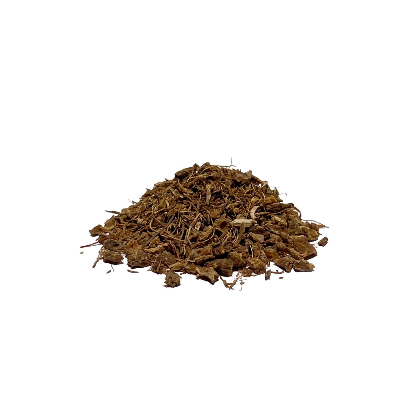 Dried blue cohosh rhizomes and rootlets piled on a white background
