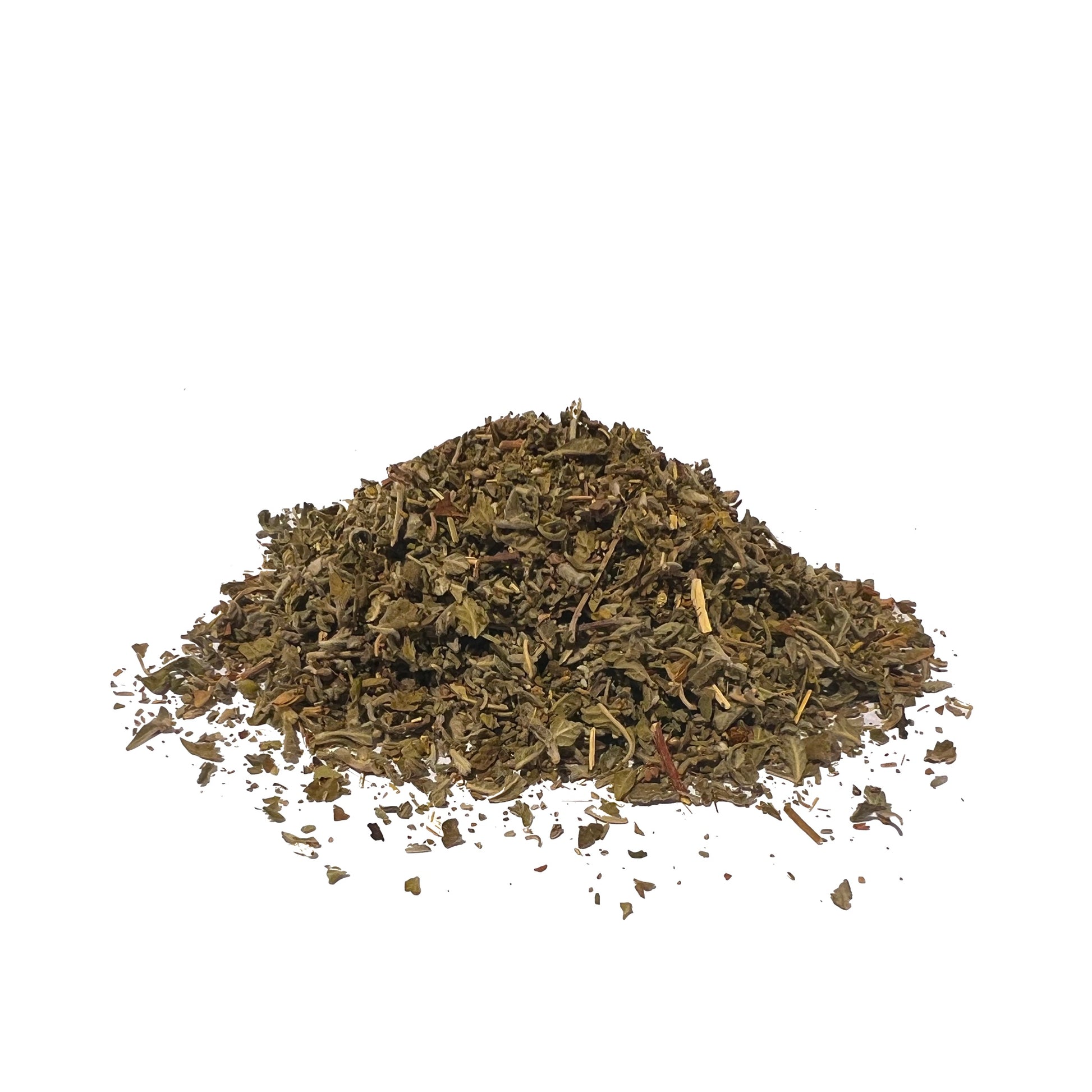 Dried damiana leaf piled on a white background