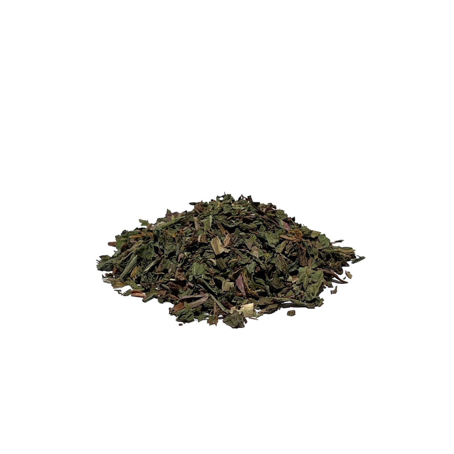 Dark green, dried cuts of dandelion leaves in a small pile