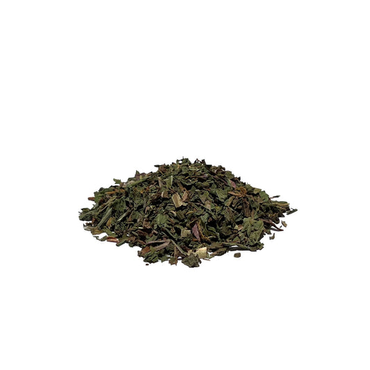 Dark green, dried cuts of dandelion leaves in a small pile