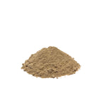 Tan powdered herb piled on a white background