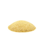 A small mound of fine pale yellow-beige granulated garlic centered on a plain white background.
