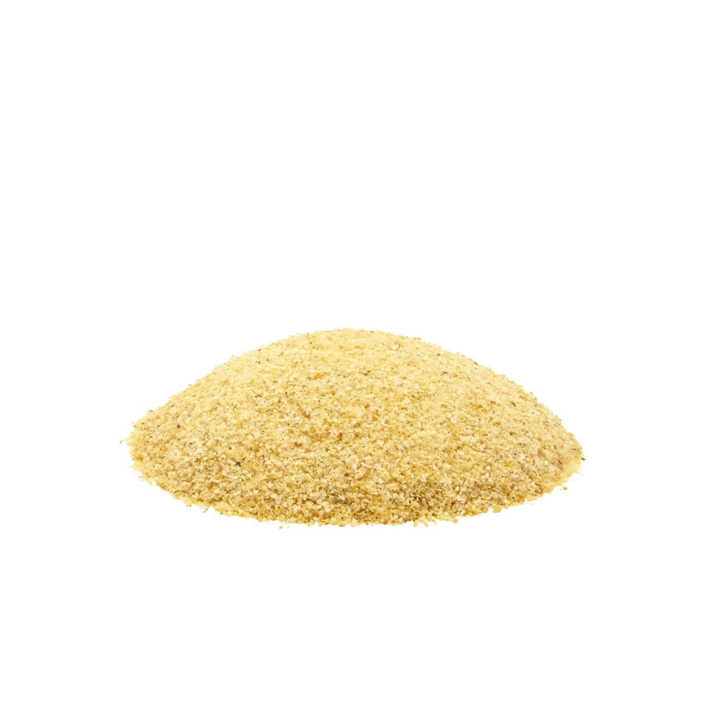 A small mound of fine pale yellow-beige granulated garlic centered on a plain white background.