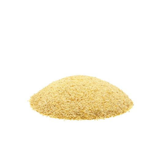 A small mound of fine pale yellow-beige granulated garlic centered on a plain white background.