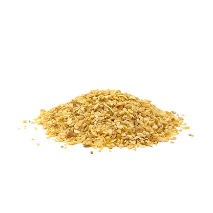 A small pile of coarse, shredded golden-brown garlic isolated on a solid white background.