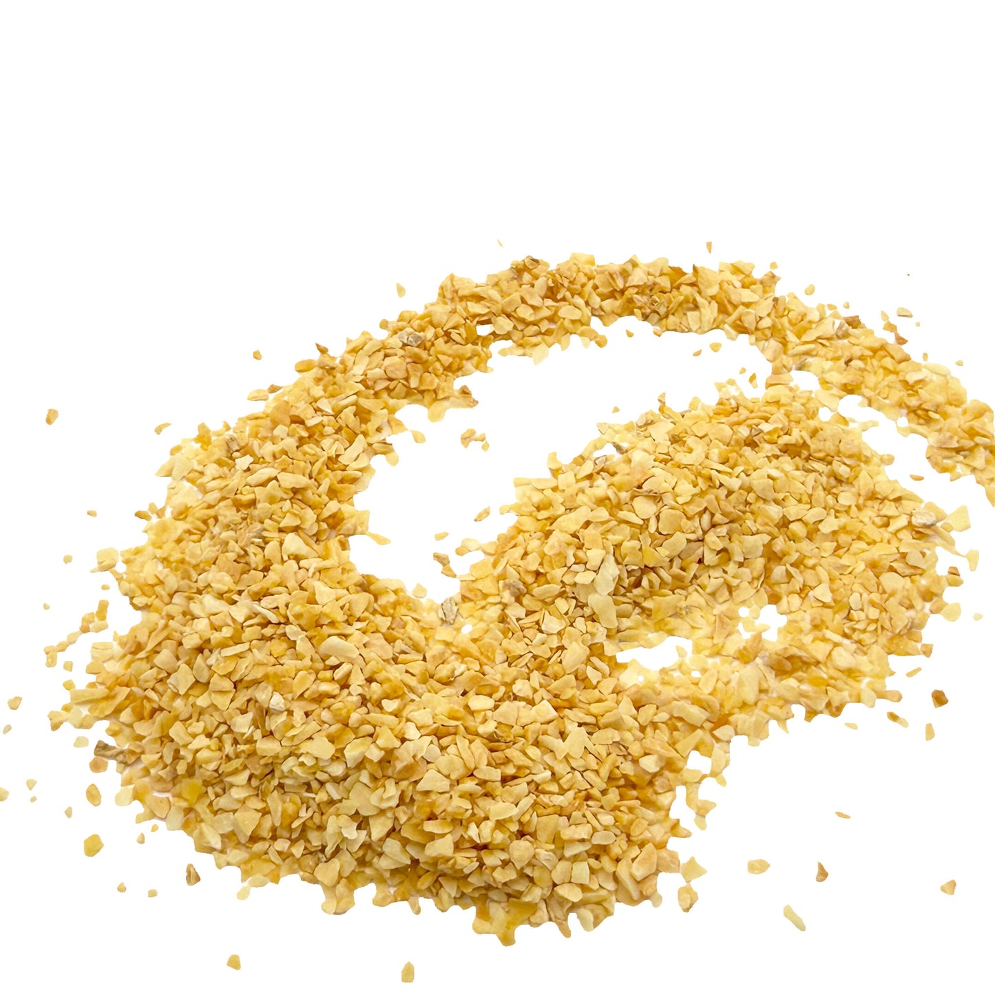 A scattered pile of small, irregularly shaped golden-yellow garlic flakes arranged on a solid white background.