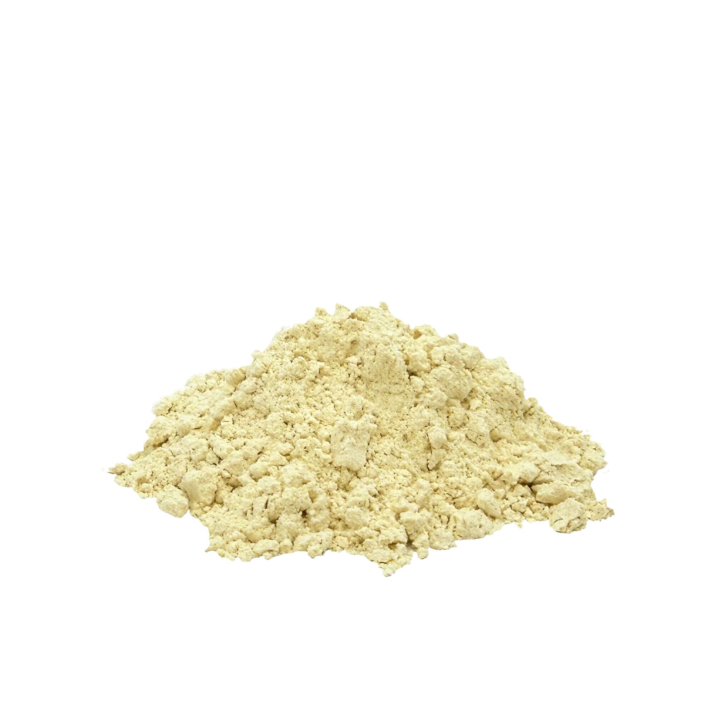 A small mound of pale garlic powder on a plain white background.