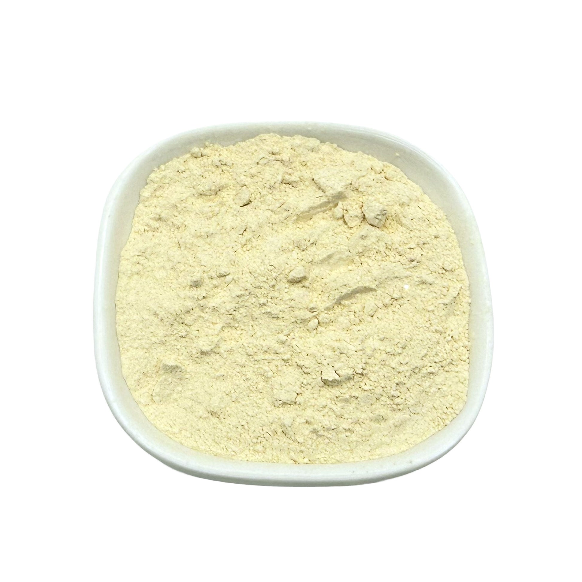 A white square bowl filled with a fine pale garlic powder, photographed from above on a plain white background.