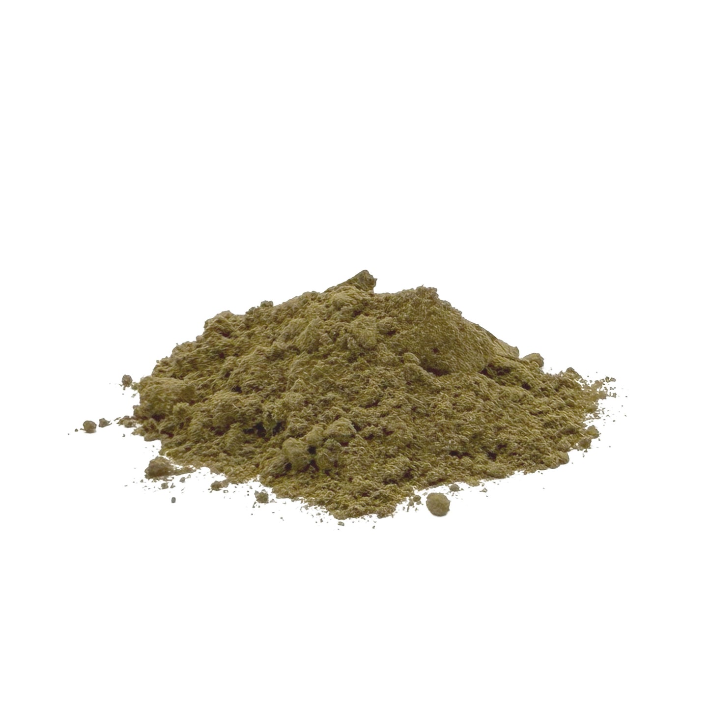 A small mound of fine brownish-green powder, ground ginkgo leaf photographed on a plain white background.