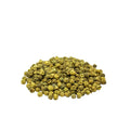A small pile of dried greenish-yellow round peppercorns on a plain white background.