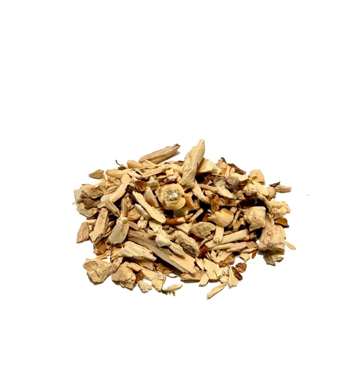 Beige, mulch-like chips of hydrangea root in a small pile