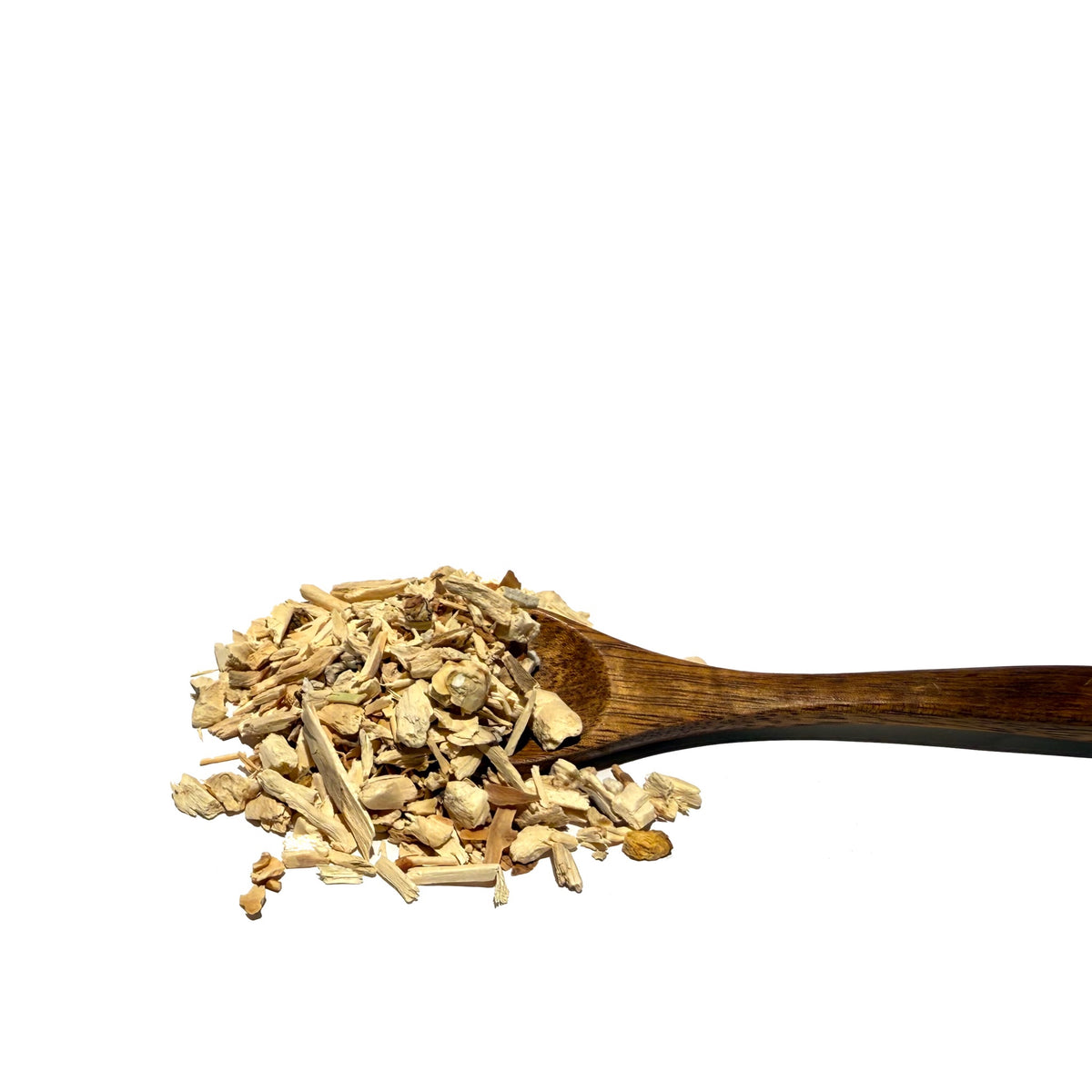 Cut and sifted hydrangea root on a dark wooden spoon