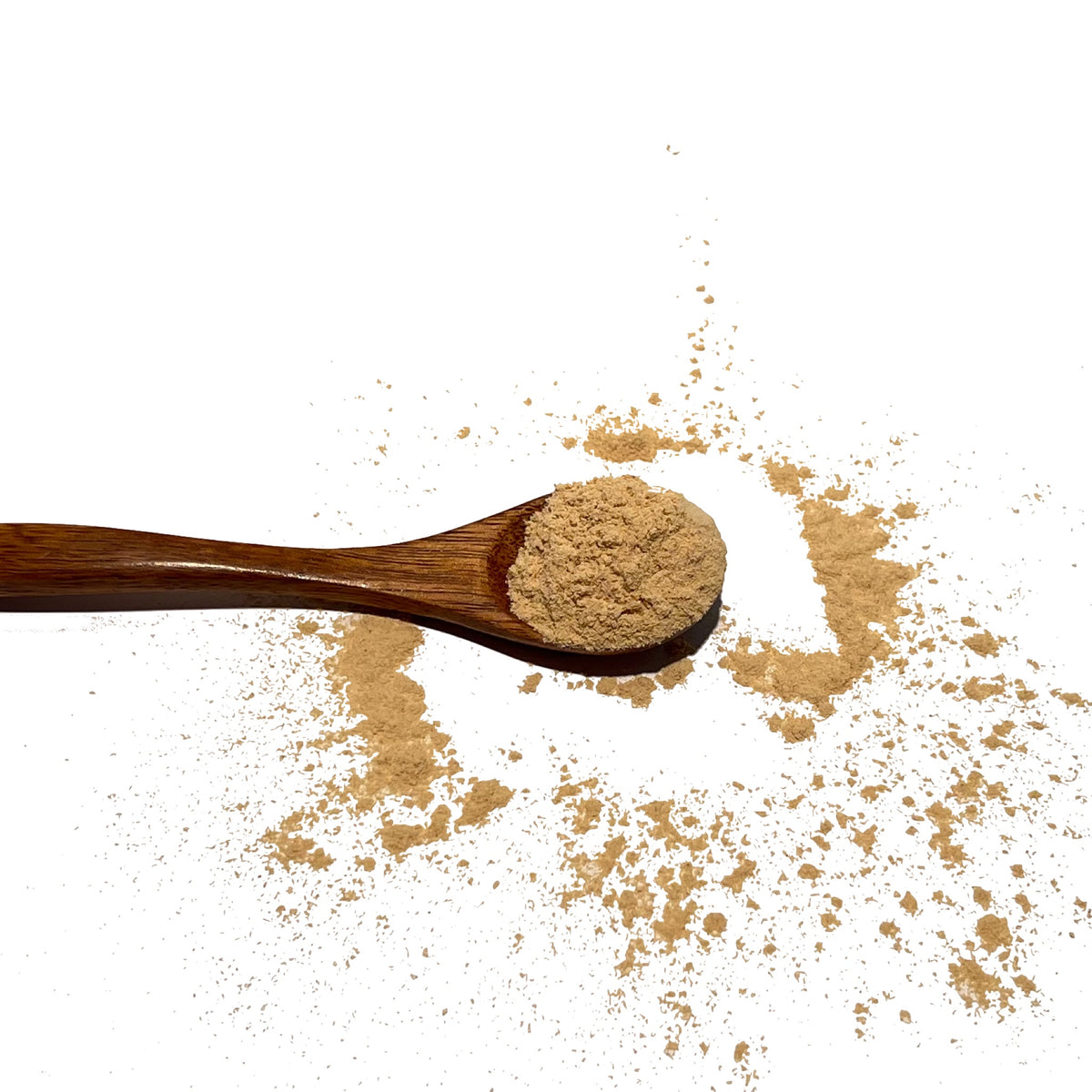 Beige powder filling and scattered around a wooden spoon