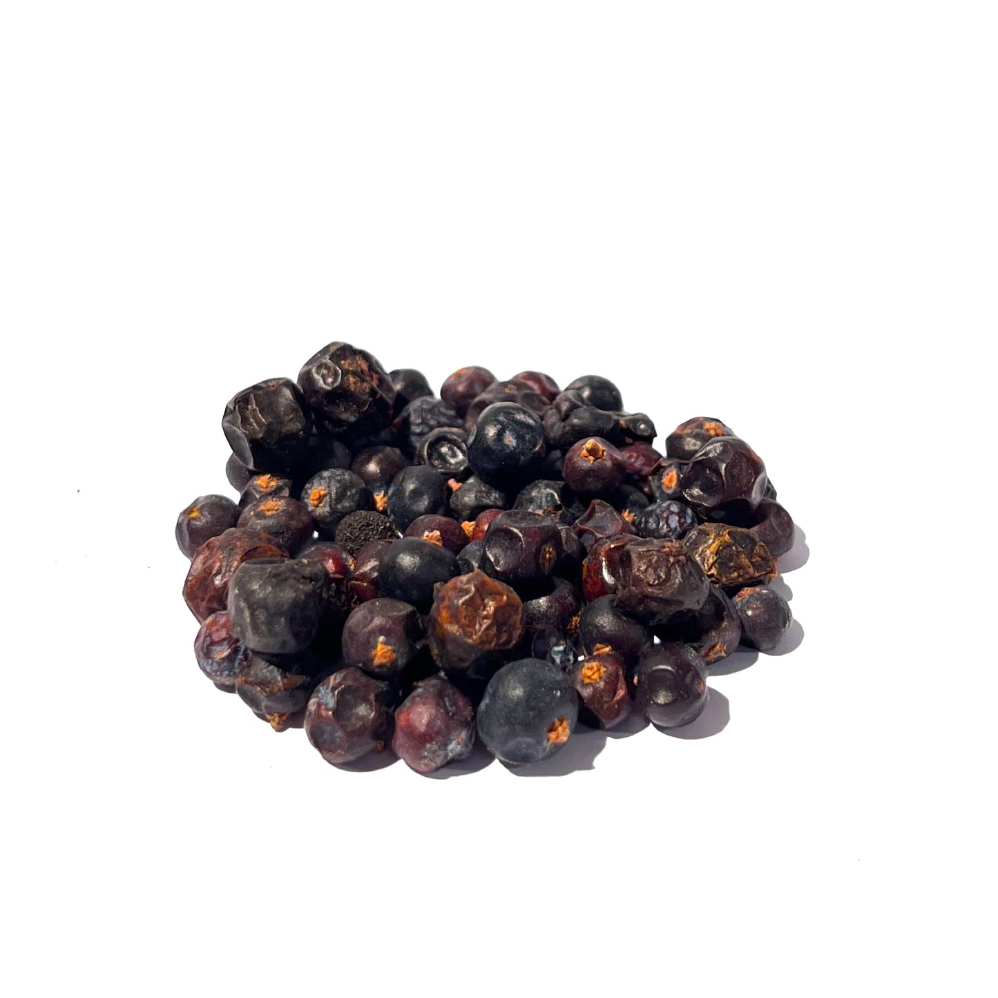 Dimpled, bluish-black and maroon juniper berries in a pile