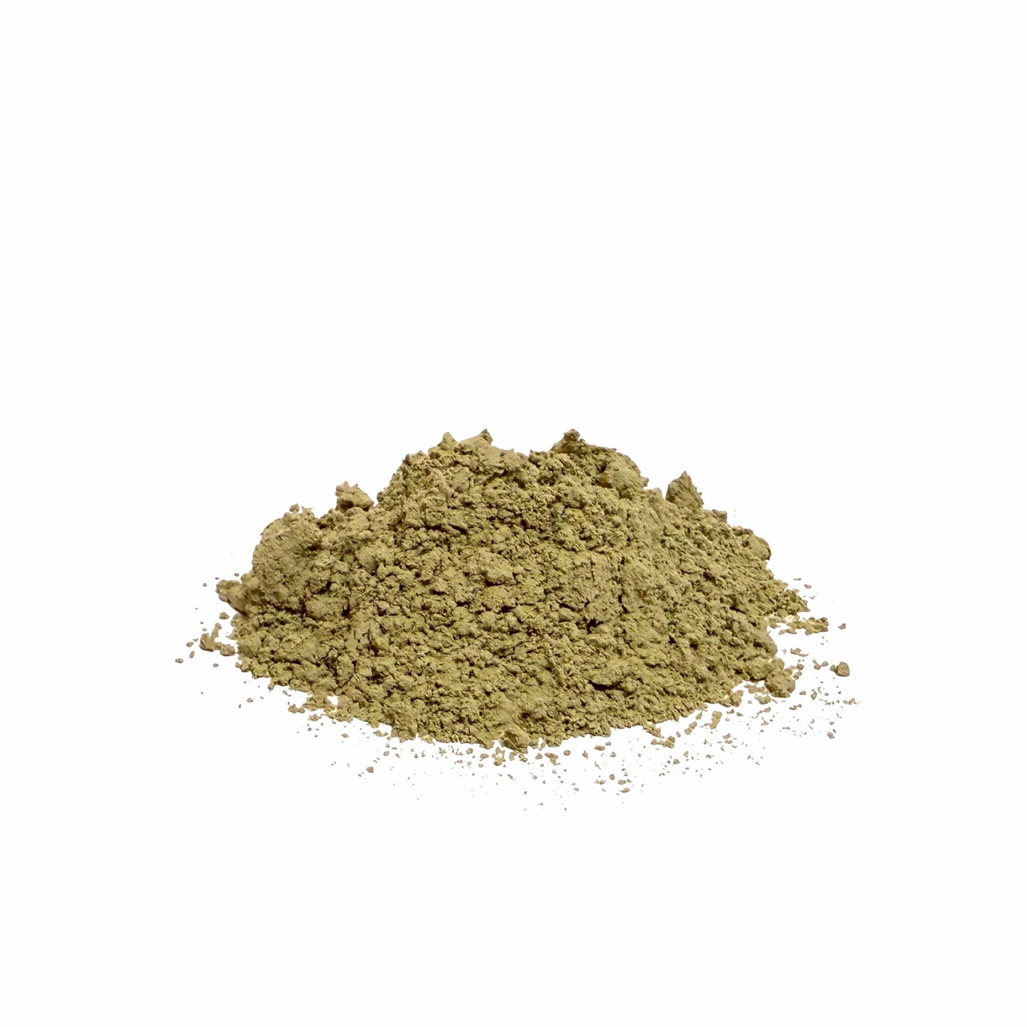 Pile of green kelp powder on a white background