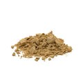 A small mound of fine, clumpy, light brown mushroom powder on a plain white background.