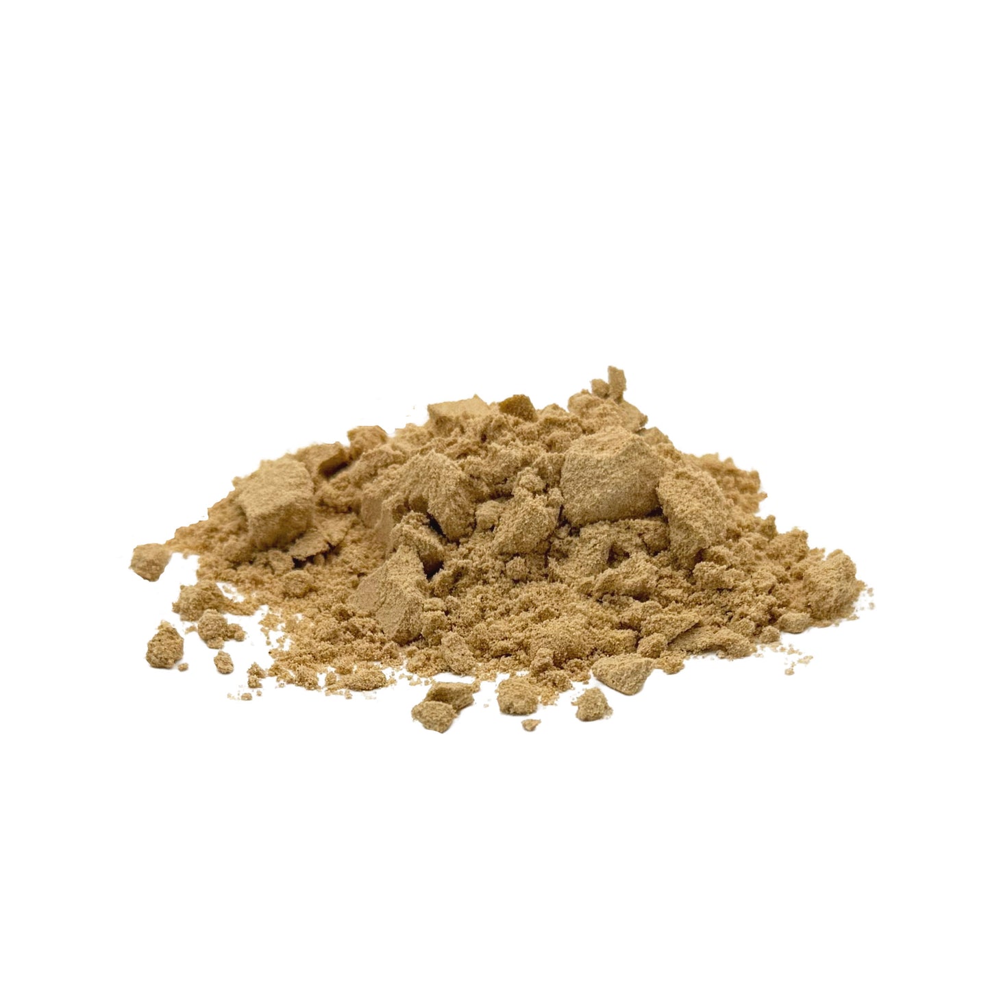A small mound of fine, clumpy, light brown mushroom powder on a plain white background.