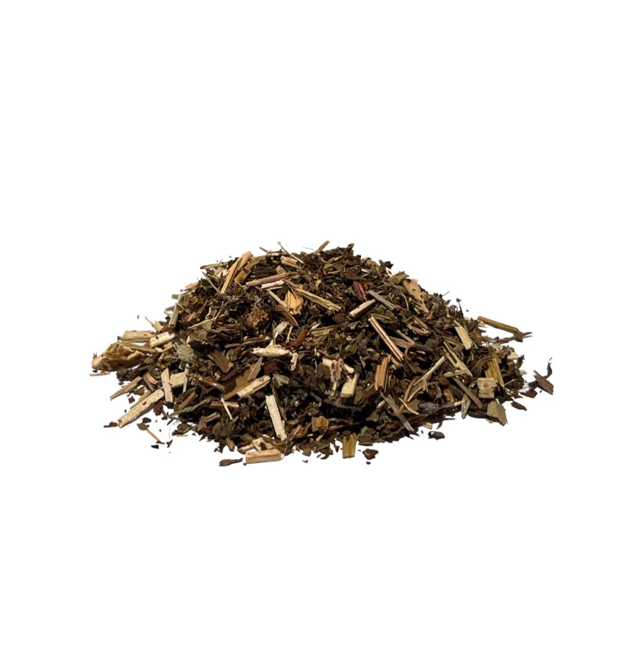Dried meadowsweet herb (stems, leaves, and flowers) piled on a white background