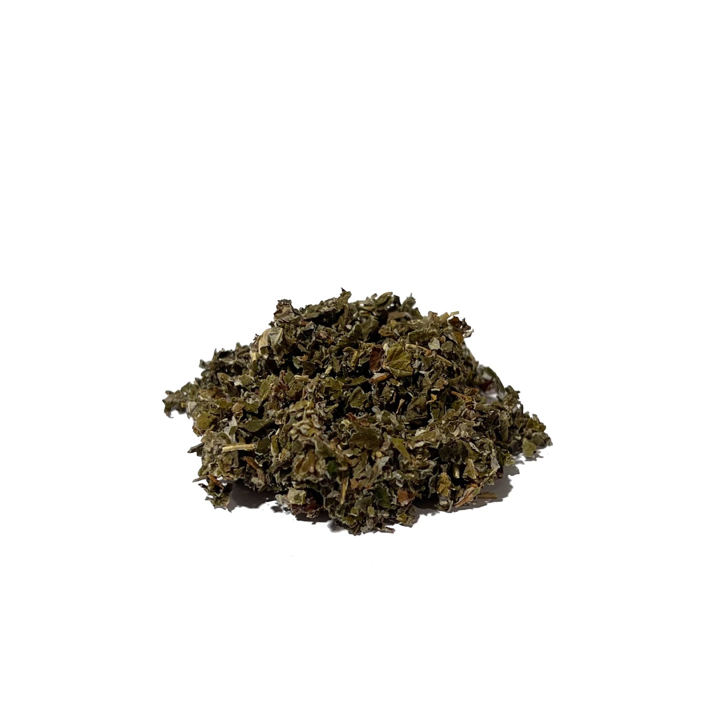 Mound of dark green-brown dried and crumpled leaves