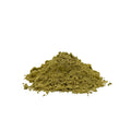 A small mound of fine olive-green powder centered on a plain white background.