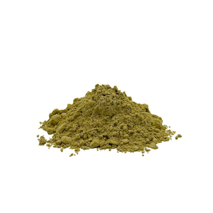 A small mound of fine olive-green powder centered on a plain white background.