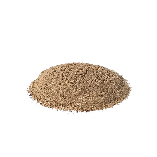 A small pile of beige ground ashwagandha root on a white background