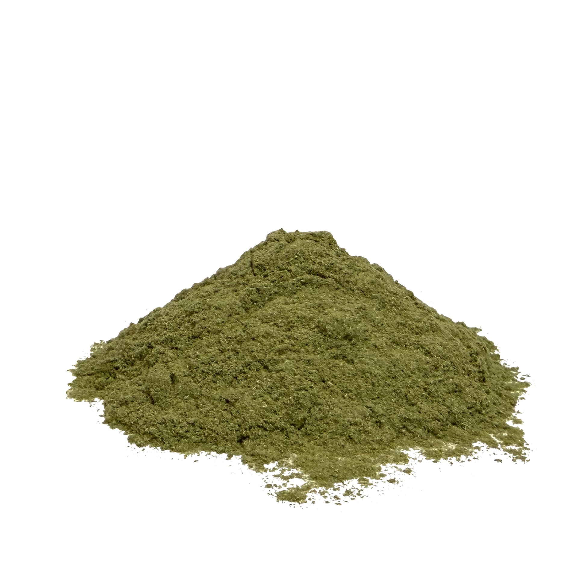 Green barley grass powder piled on a white background