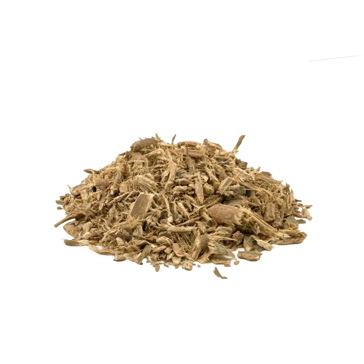 A small pile of dried, shredded brown bayberry root bark on a plain white background.