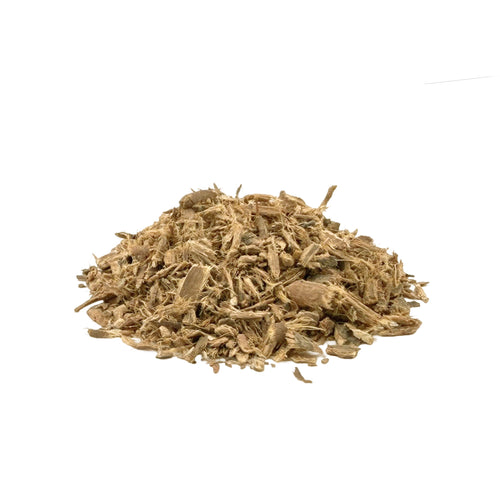 A small pile of dried, shredded brown bayberry root bark on a plain white background.