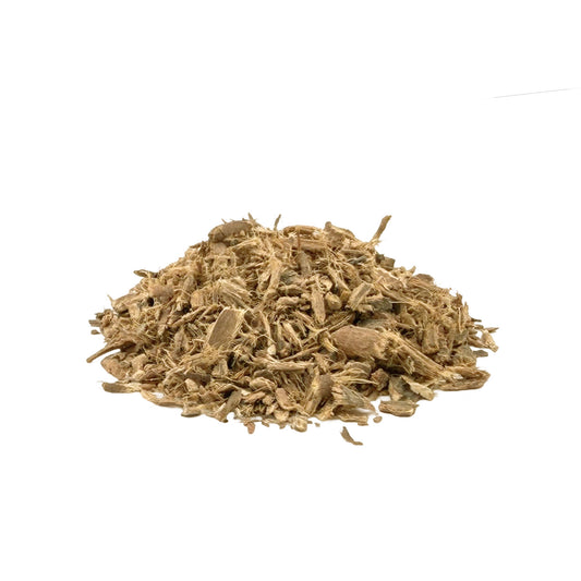 A small pile of dried, shredded brown bayberry root bark on a plain white background.