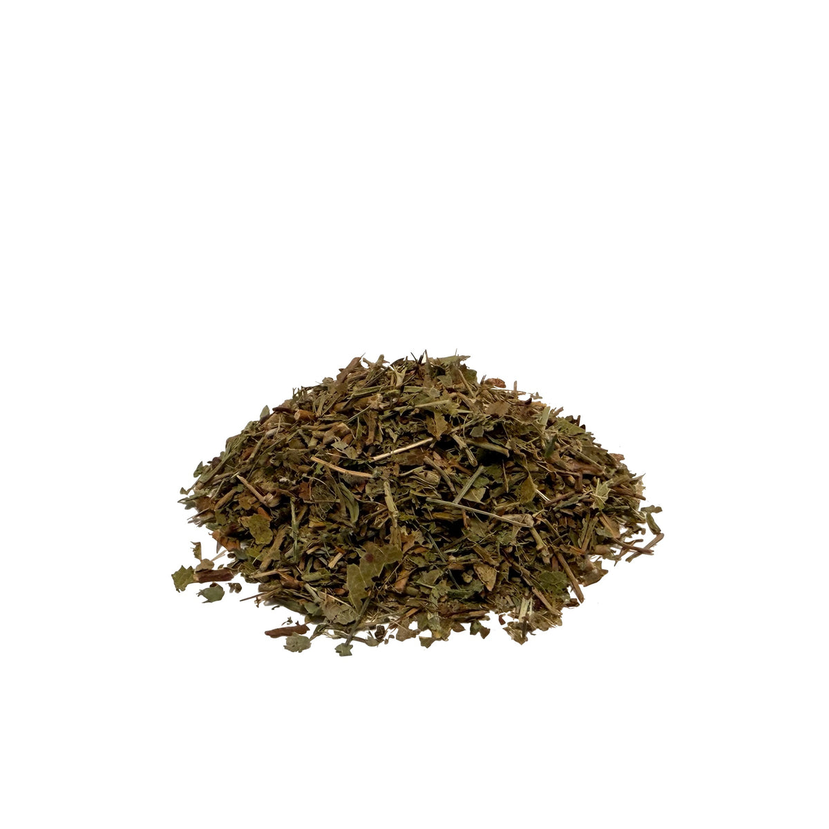 Dried green bilberry leaves piled on a white background